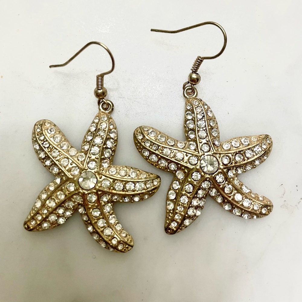 Earrings Starfish rhinestones gold tone sparkly